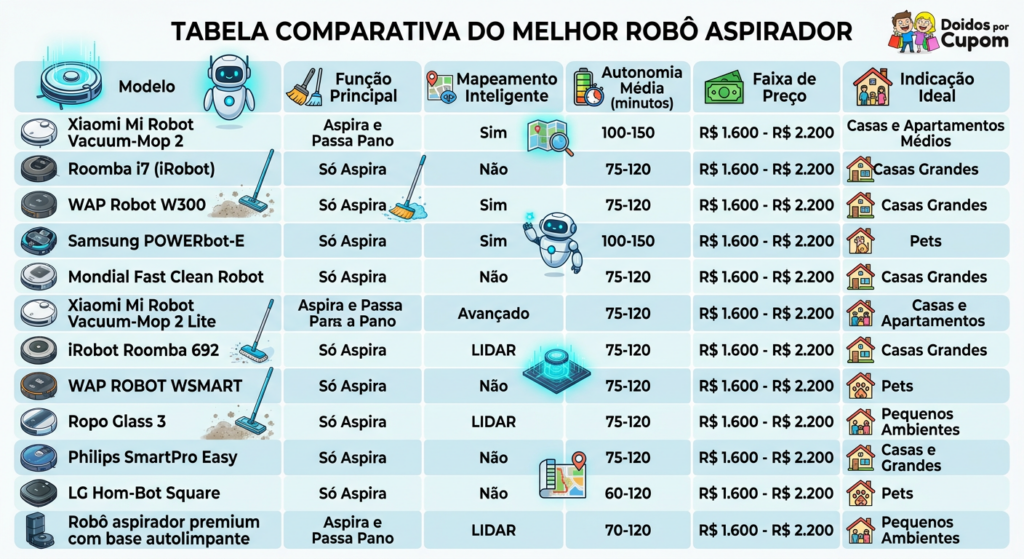 Tabela comparativa do melhor robô aspirador