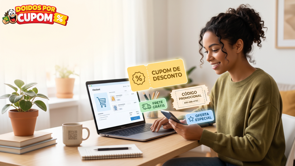 Como usar cupons no Mercado Livre: mulher usando celular para aplicar cupons