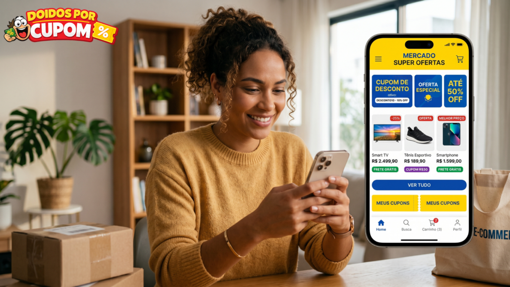 Como usar cupons no Mercado Livre: mulher usando celular no aplicativo do Mercado Livre