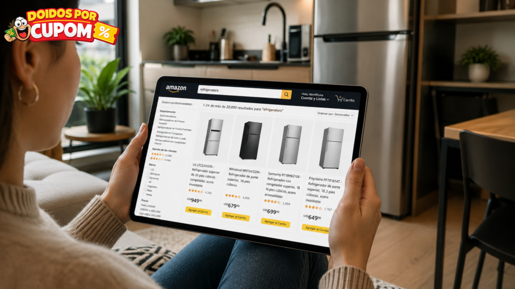 geladeira para apartamentos pequenos: mulher comprando geladeira site Amazon no seu tablet