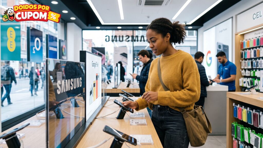 Melhores Celulares da Samsung: mulher comprando celular na loja